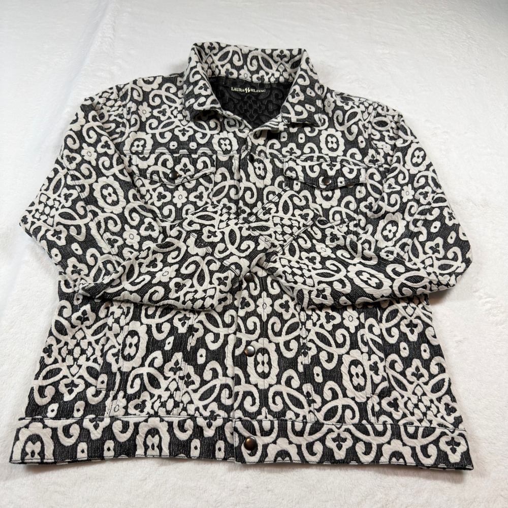 Laura Hlavac Jacket Women Medium Black White Damask Knit Button Up‎ Excellent